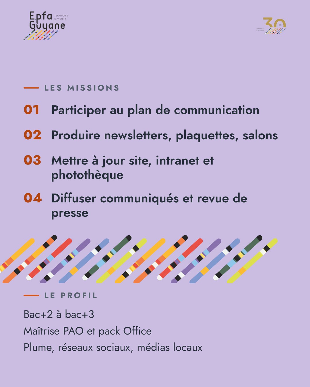 Missions : participer au plan de communication, produire newsletters, plaquettes et salons, mettre à jour site, intranet et photothèque, diffuser communiqués et revue de presse. Profil : bac+2 à bac+3, maîtrise PAO et pack Office, plume, réseaux sociaux, médias locaux