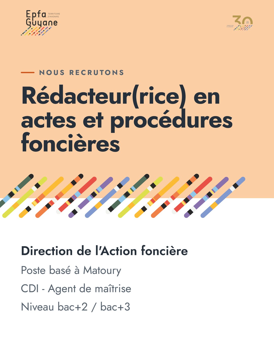 Nous recrutons : Rédacteur(rice) en actes et procédures foncières, Direction de l'Action foncière, poste basé à Matoury, CDI agent de maîtrise, niveau bac+2 / bac+3